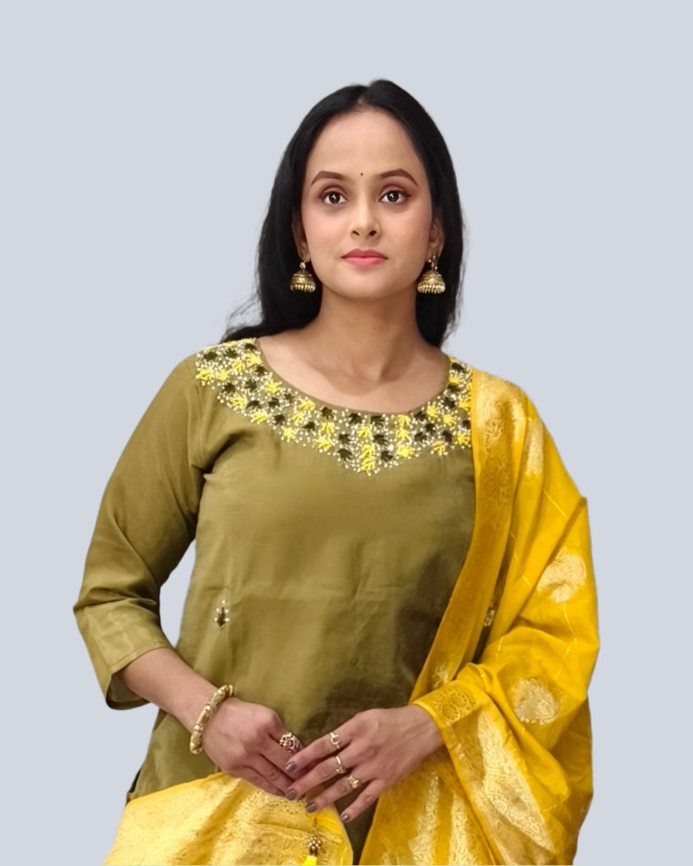 Olive Green Salwar Kameez with Mustard Yellow Dupatta