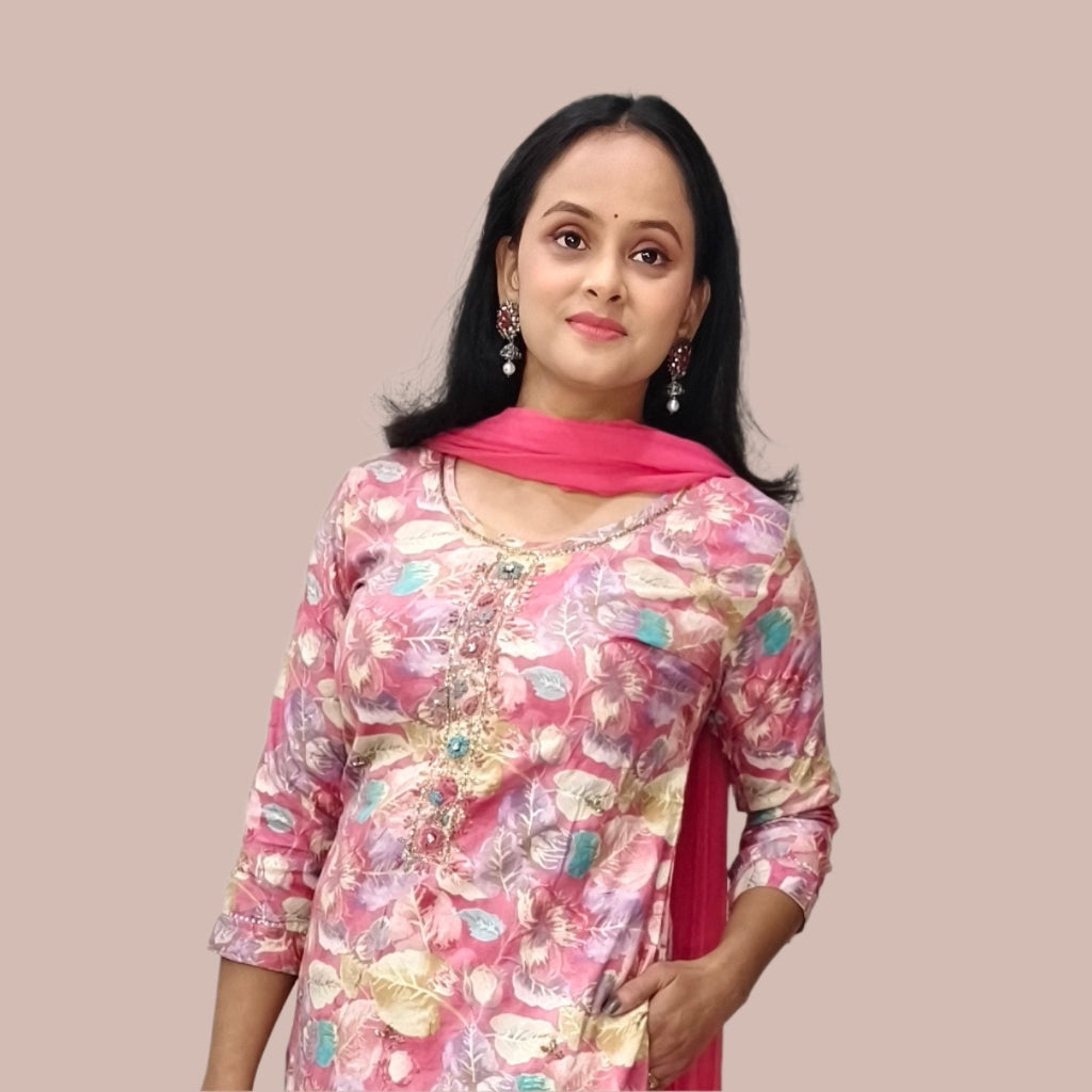 Pink Floral Printed Salwar Kameez with Solid Pink Dupatta – Festive and Casual Wear