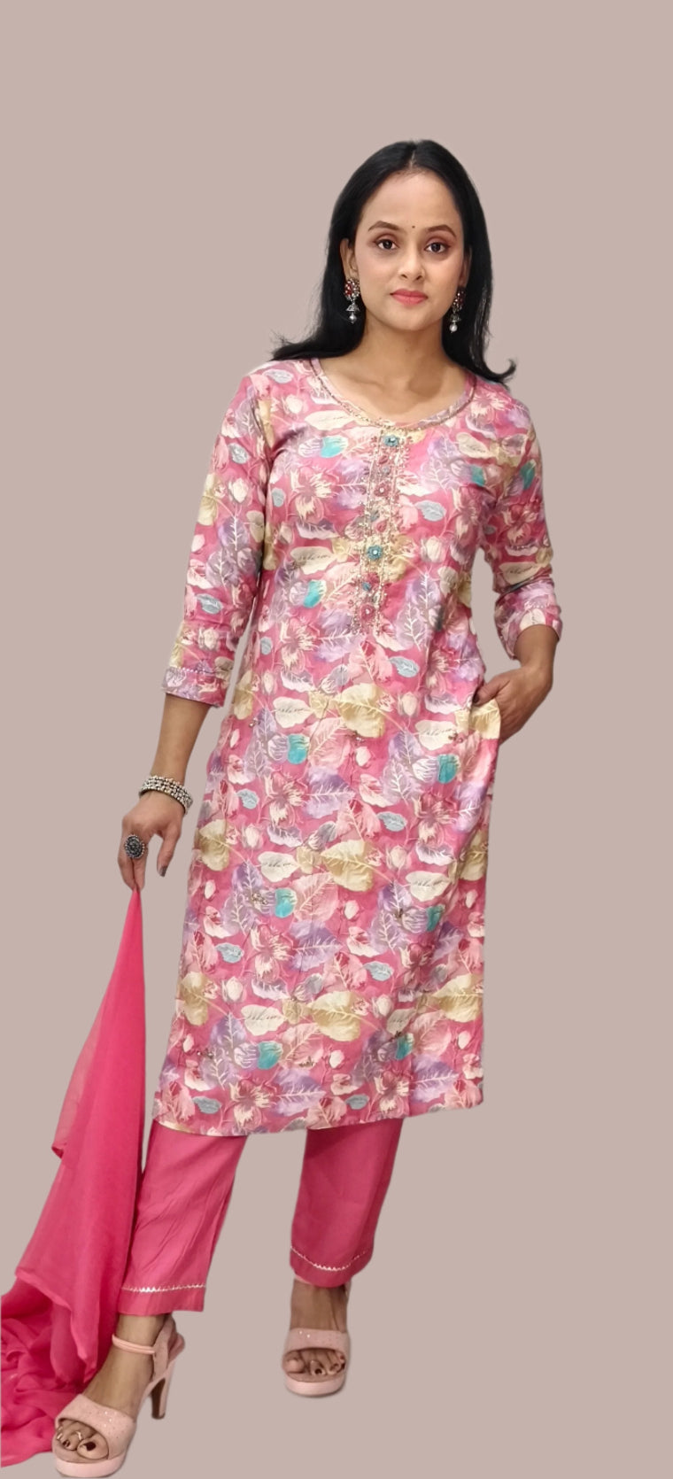 Pink Floral Printed Salwar Kameez with Solid Pink Dupatta – Festive and Casual Wear