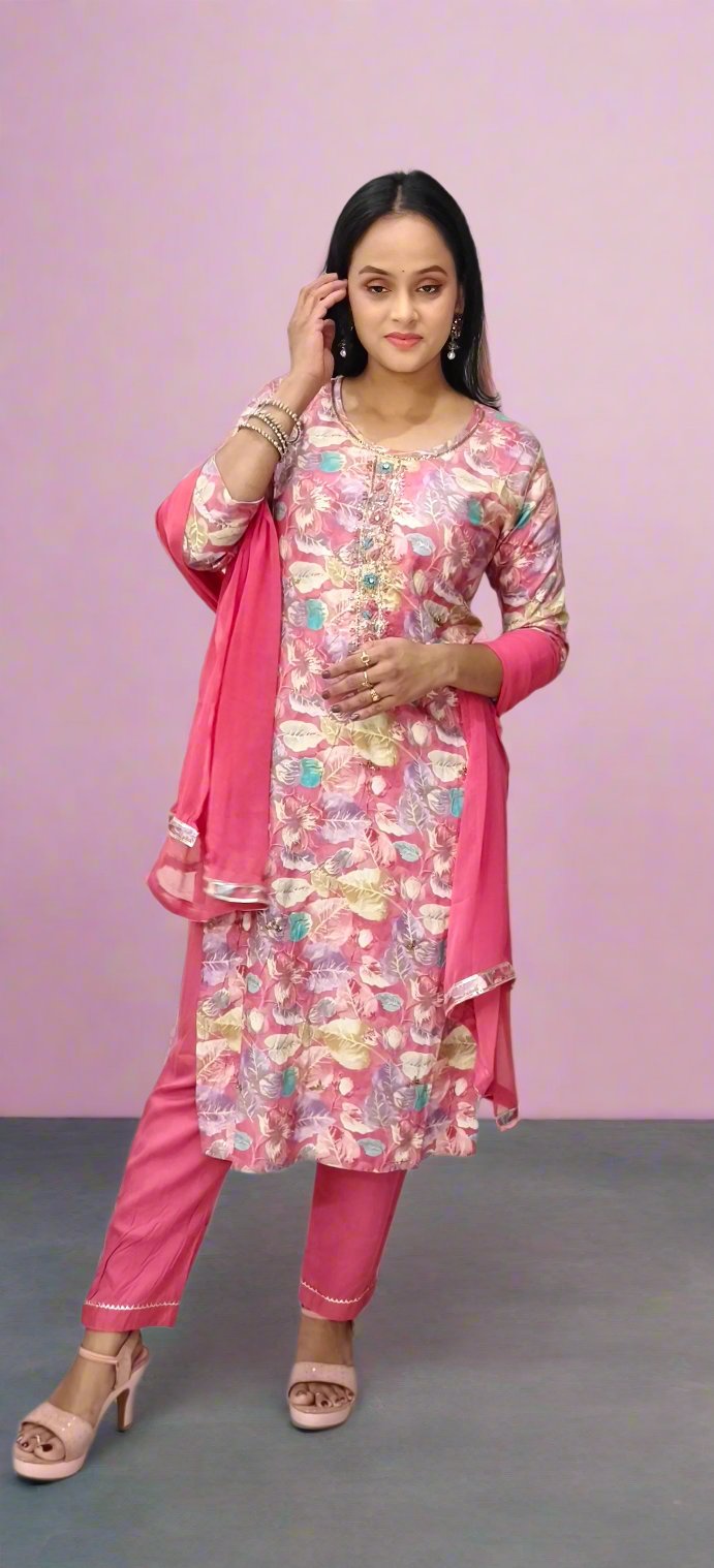 Pink Floral Printed Salwar Kameez with Solid Pink Dupatta – Festive and Casual Wear
