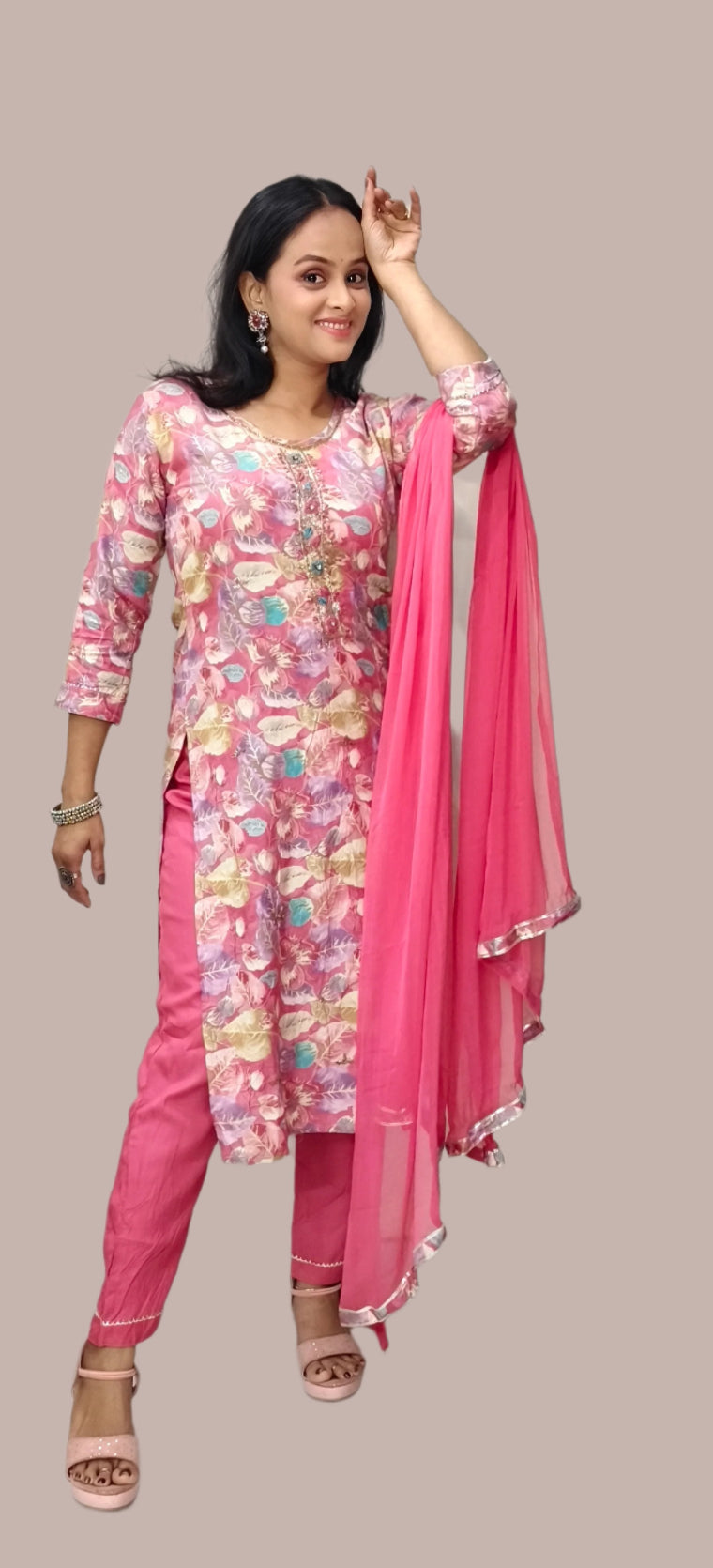 Pink Floral Printed Salwar Kameez with Solid Pink Dupatta – Festive and Casual Wear
