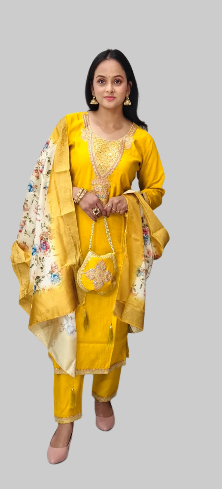Yellow Embroidered Salwar Kameez with Floral Dupatta and Potli Bag