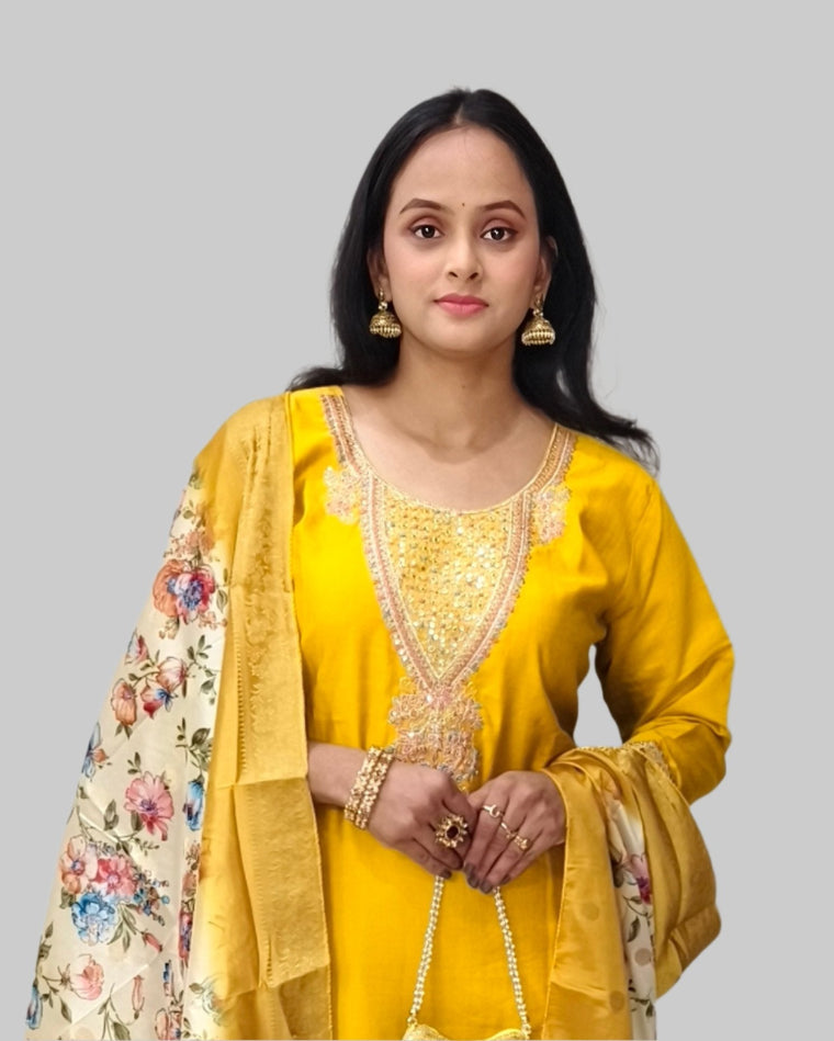 Yellow Embroidered Salwar Kameez with Floral Dupatta and Potli Bag