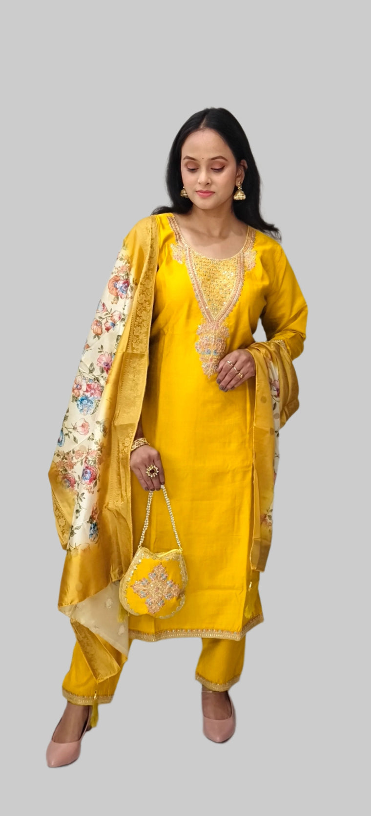 Yellow Embroidered Salwar Kameez with Floral Dupatta and Potli Bag