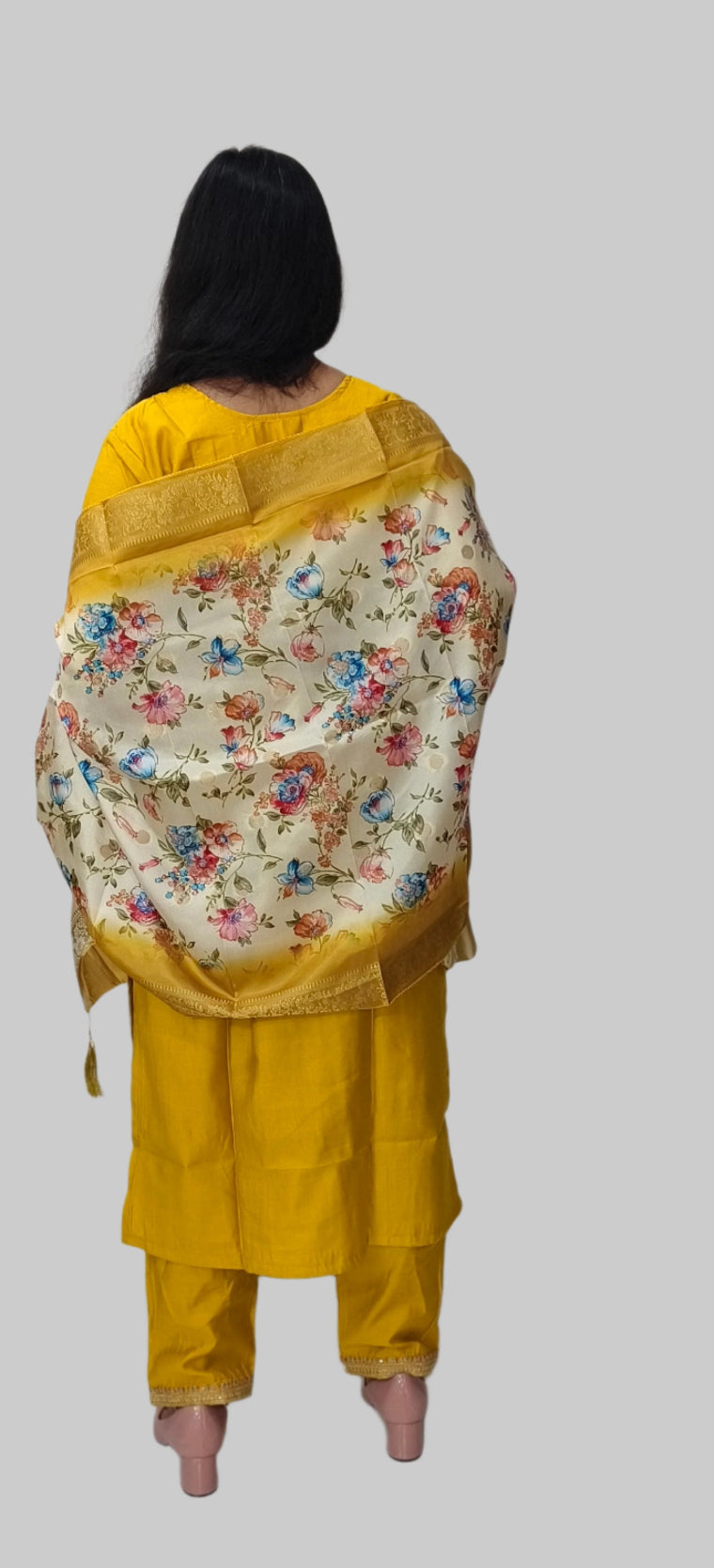 Yellow Embroidered Salwar Kameez with Floral Dupatta and Potli Bag