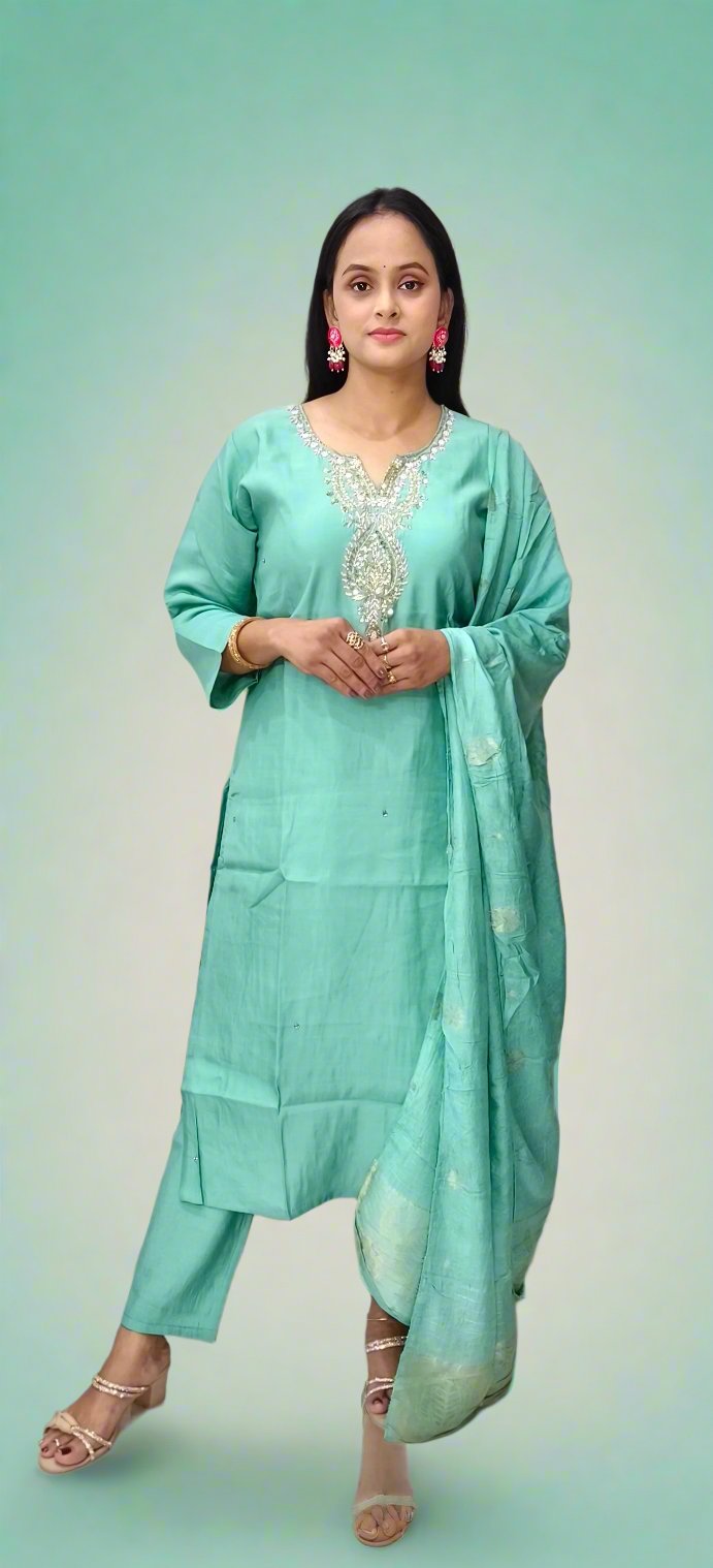 Mint Green Salwar Kameez Set with Silver Embroidery & Matching Dupatta