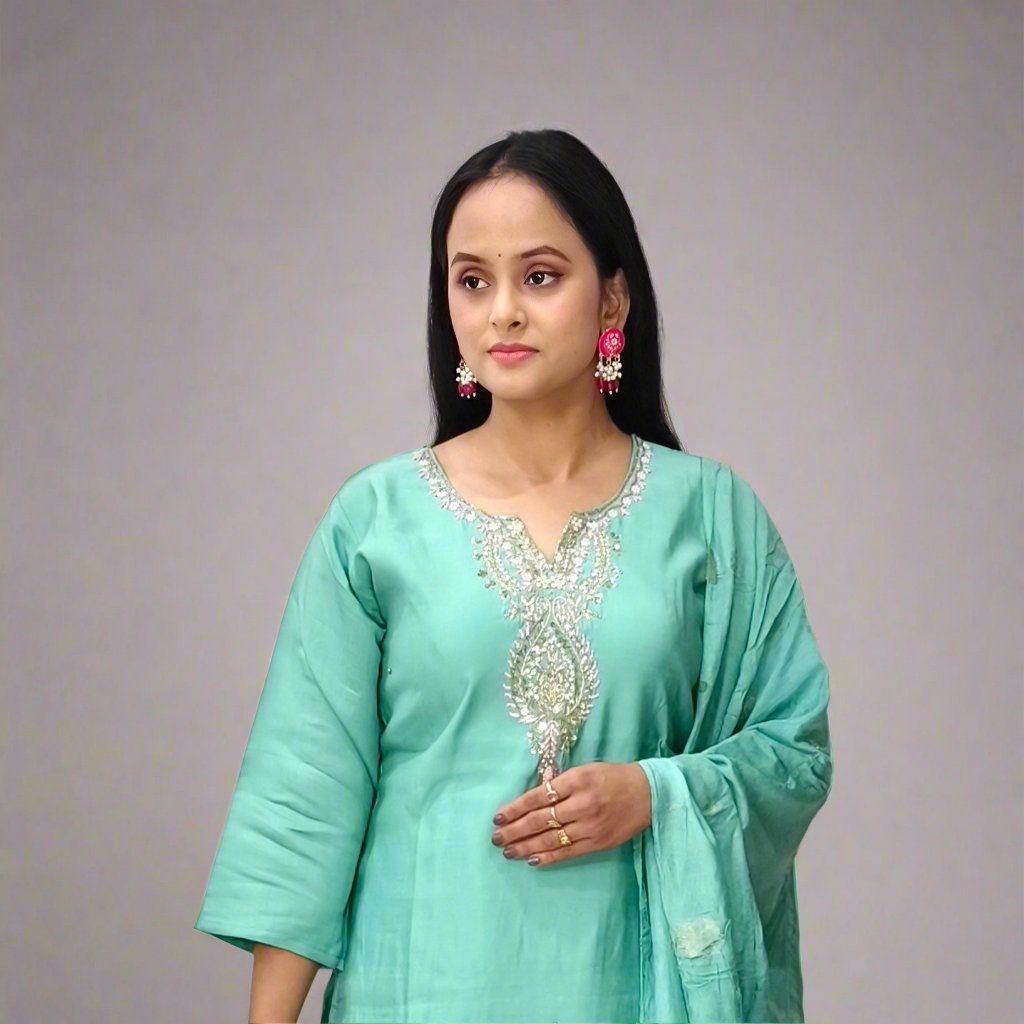 Mint Green Salwar Kameez Set with Silver Embroidery & Matching Dupatta