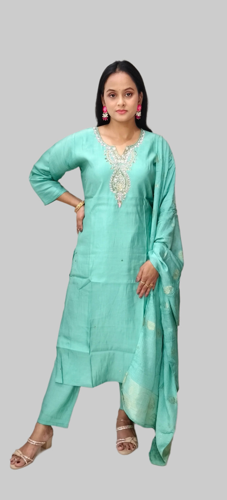 Mint Green Salwar Kameez Set with Silver Embroidery & Matching Dupatta