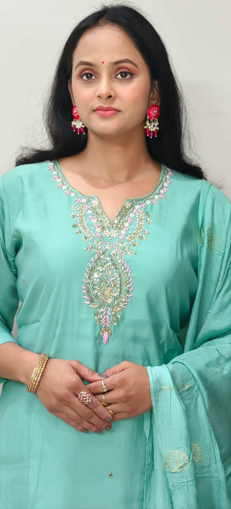 Mint Green Salwar Kameez Set with Silver Embroidery & Matching Dupatta