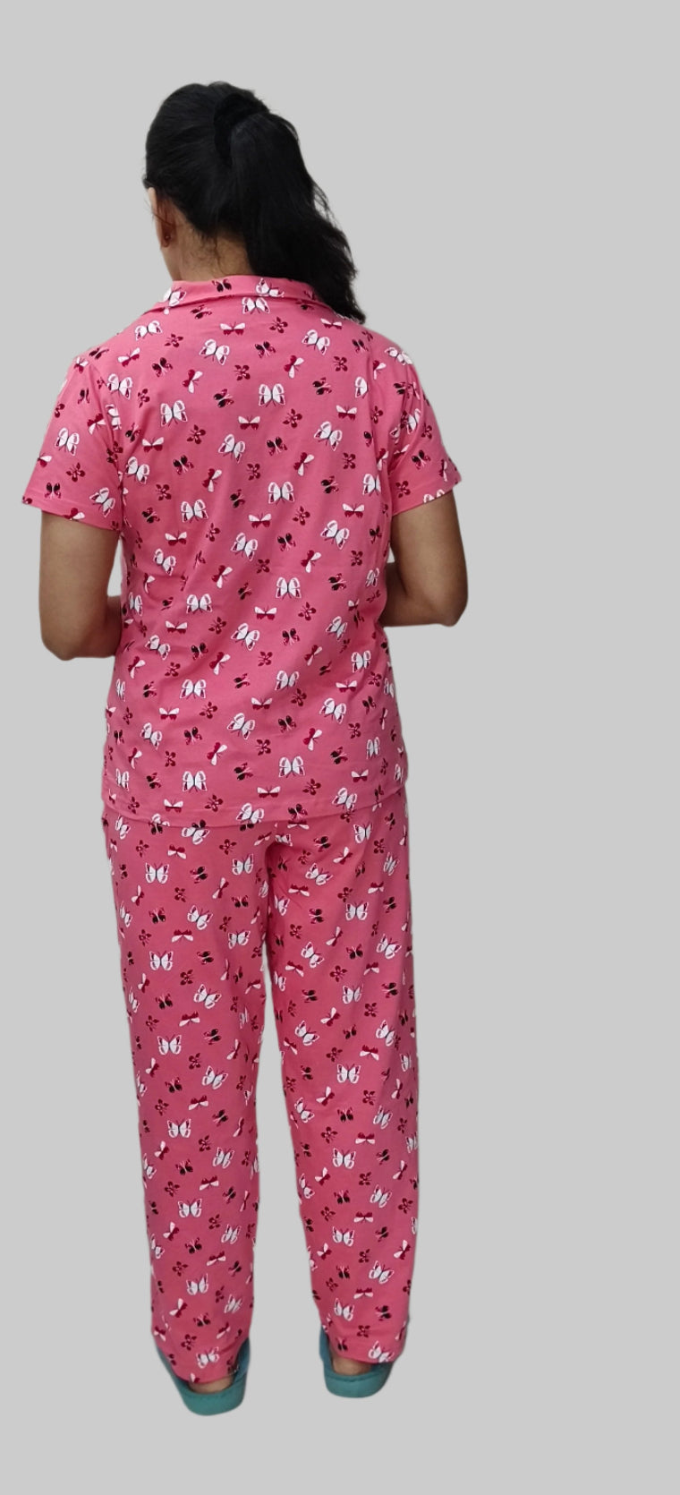 Cotton Floral Top & Pyjama Set – Button-Down Collar, Short Sleeves