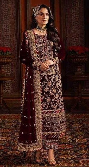 Rich Maroon Red Velvet Embroidered Readymade Suit