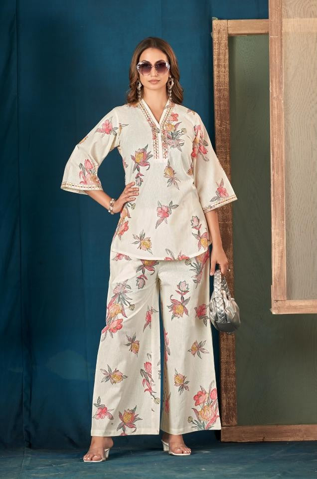 Pink Floral Print Embroidered Pure Cotton Top With Palazzos Co-Ord Set