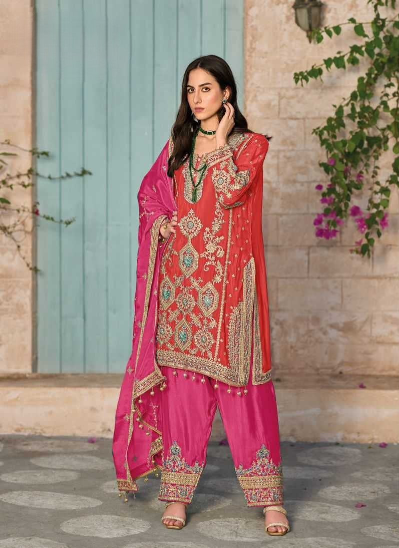 Elegant Embroidered Pink and Red Traditional Kurta with Trouser & Dupatta Set