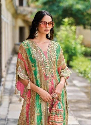 Elegant Multicolor Kaftan Style Embroidered Suit Set - Pink