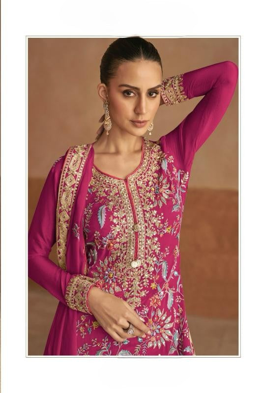 Magenta Embellished thread Embroidered Kurta Palazzo Set