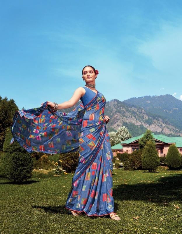 Digitally Printed Georgette Saree in Blue