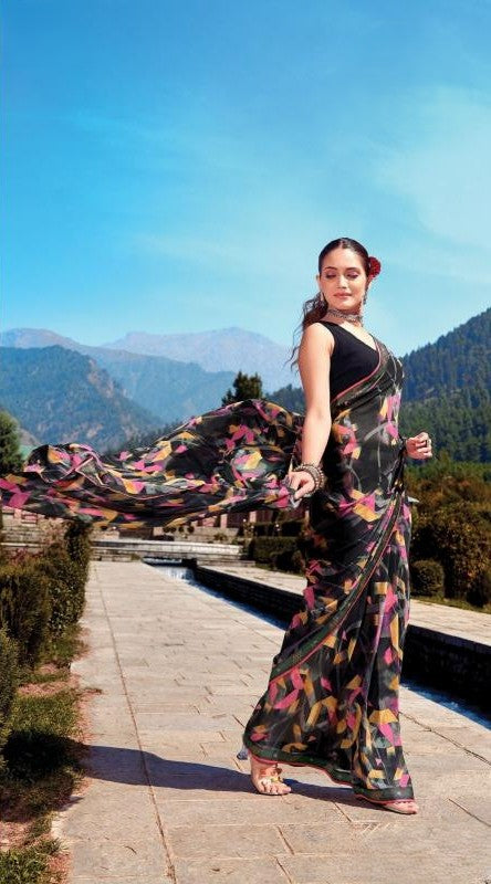 Digitally Printed Georgette Saree in Black