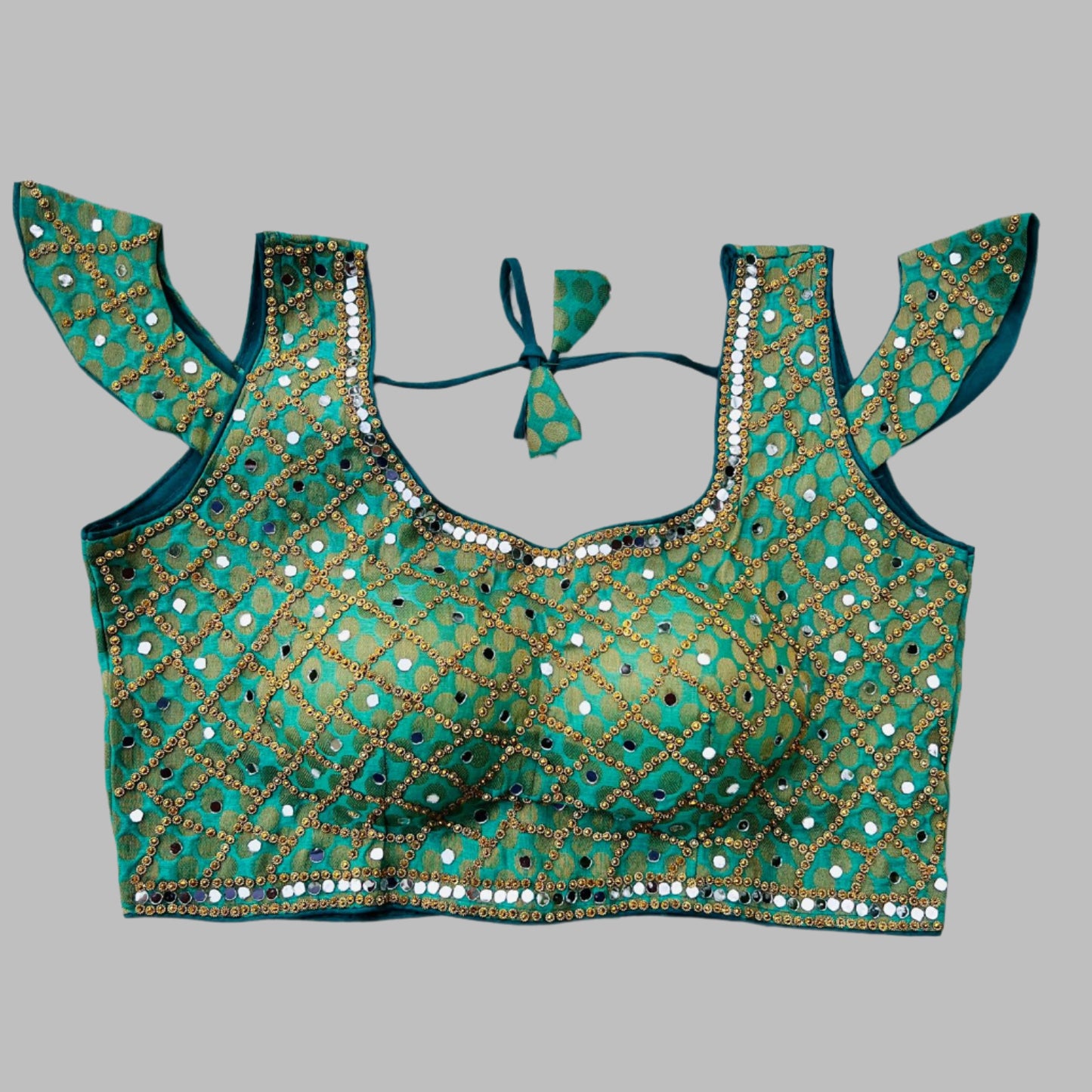Green Silk Choli Blouse with Gold and Mirror Embellishments
