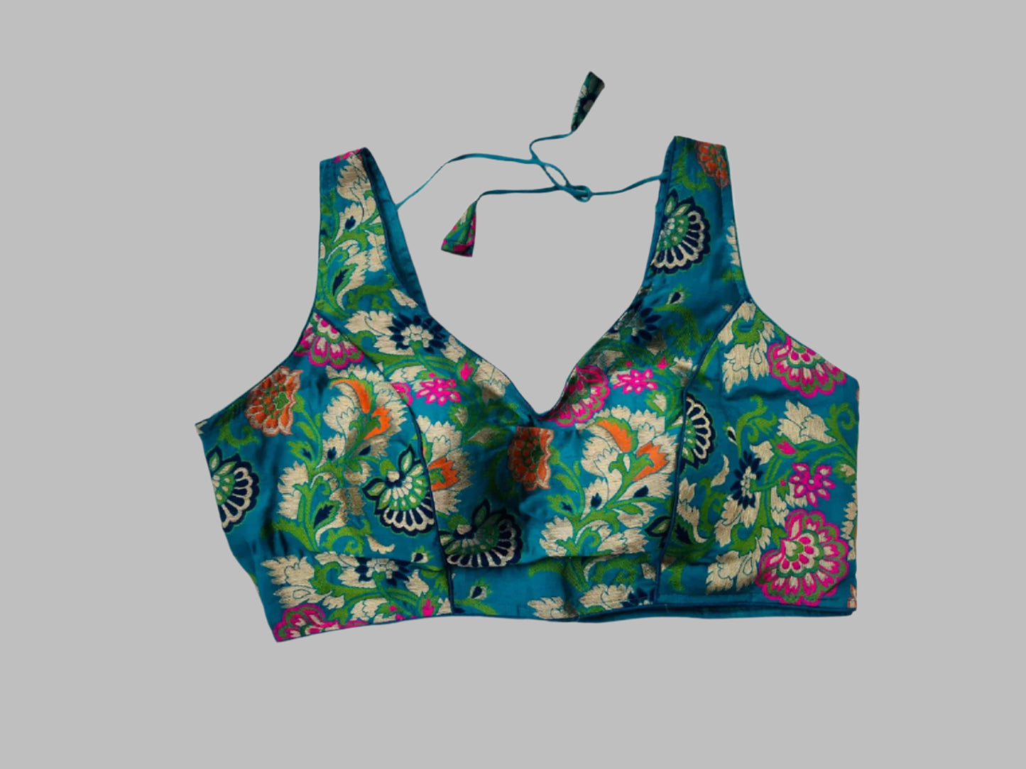 Elegant Teal Floral Sleeveless Choli