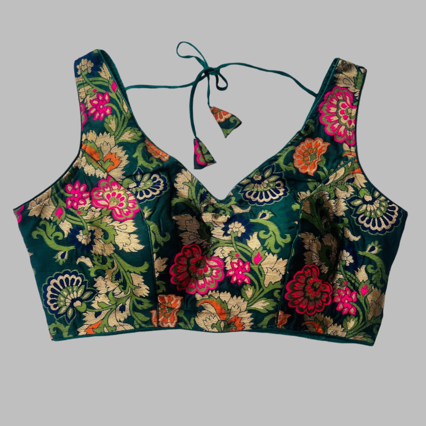 Exquisite Floral Sleeveless Choli – Deep Green