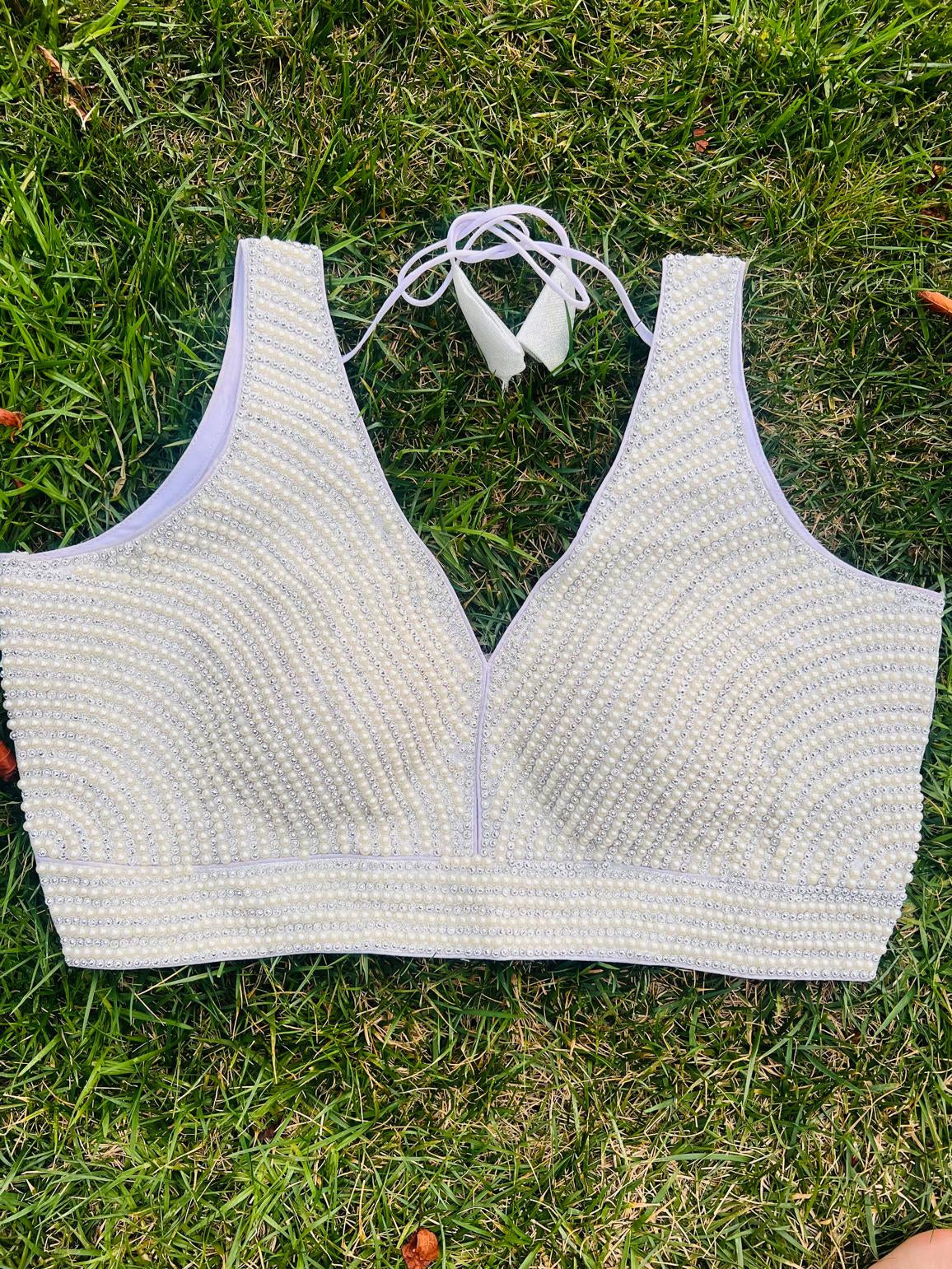 Ivory Pearl Embellished Designer Blouse with Tie-Up Back✨