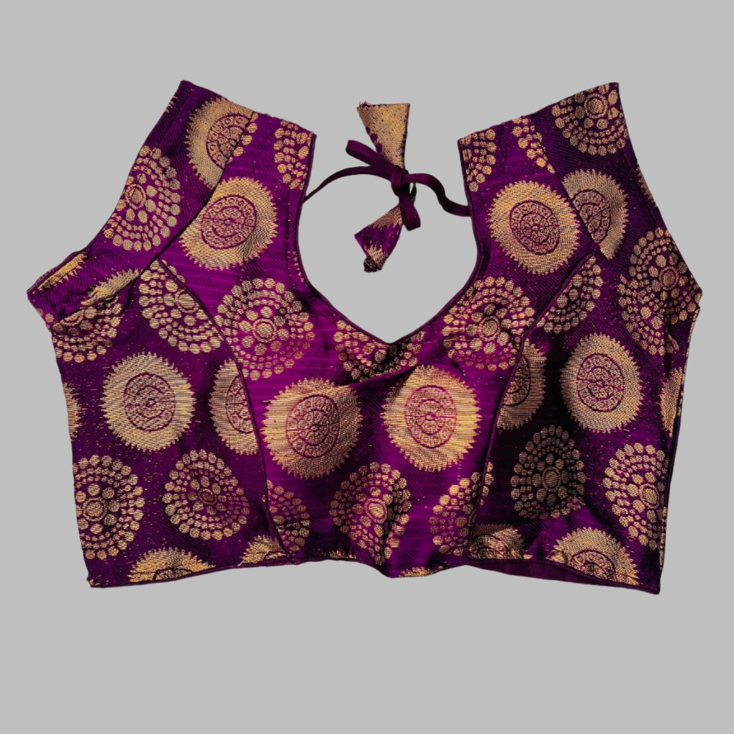 Purple Blouse with Golden Motifs and Tie-Up Back