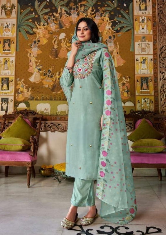 Mint Green Exclusive Plus Size Designer Embroidered Suit Sets