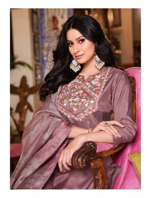 Mauve Brown Exclusive Plus Size Designer Embroidered Suit Sets