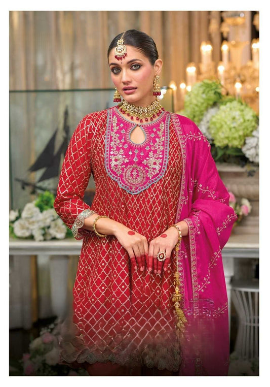 Pink-Red Chinon Dhoti Style Suit