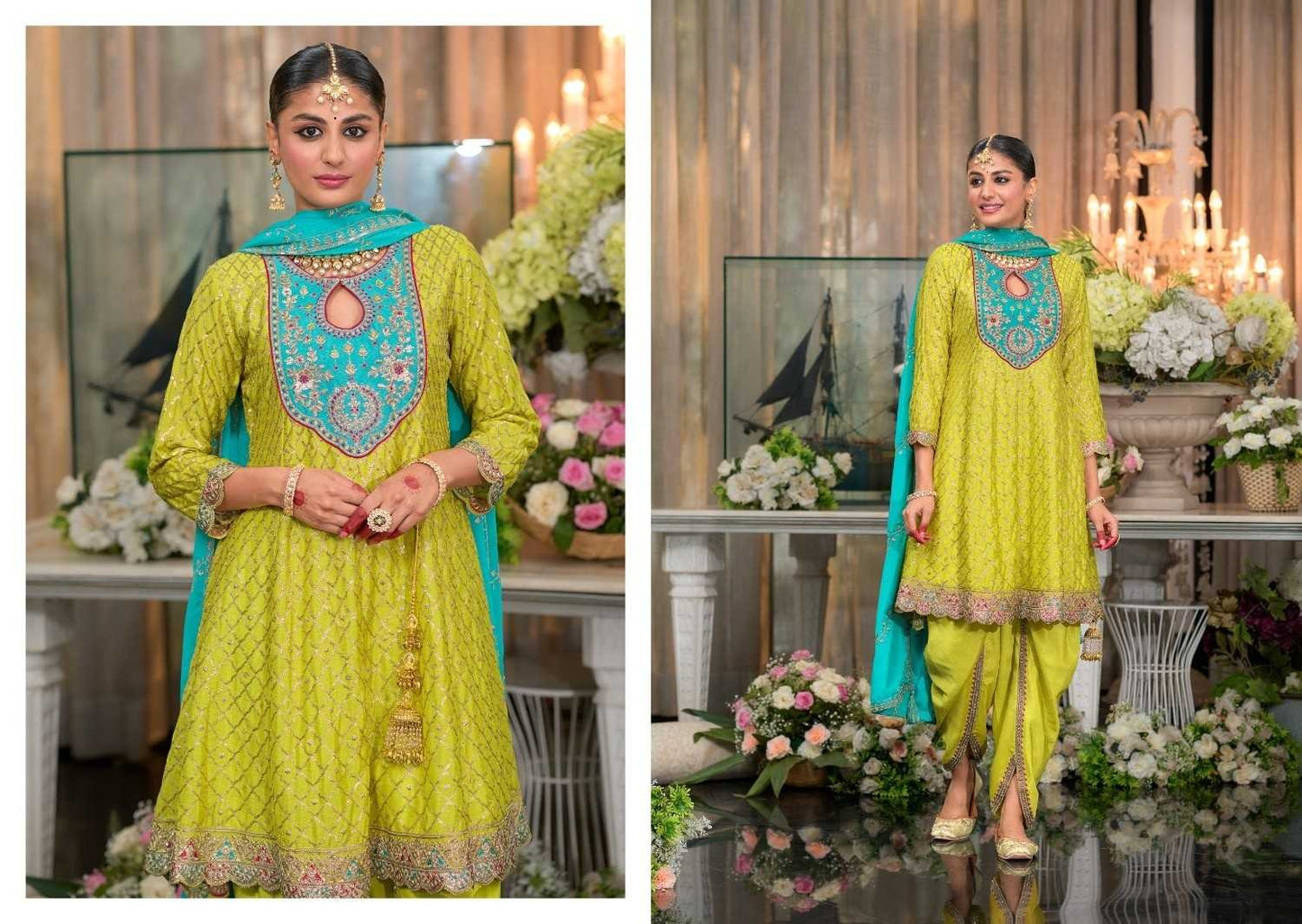 Lime Green-Turquoise Chinon Dhoti Style Suit