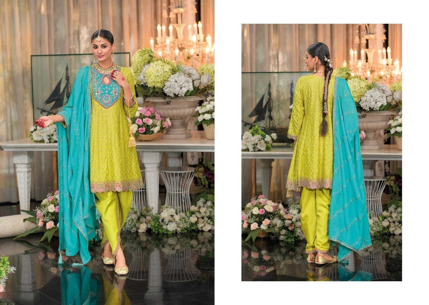 Lime Green-Turquoise Chinon Dhoti Style Suit