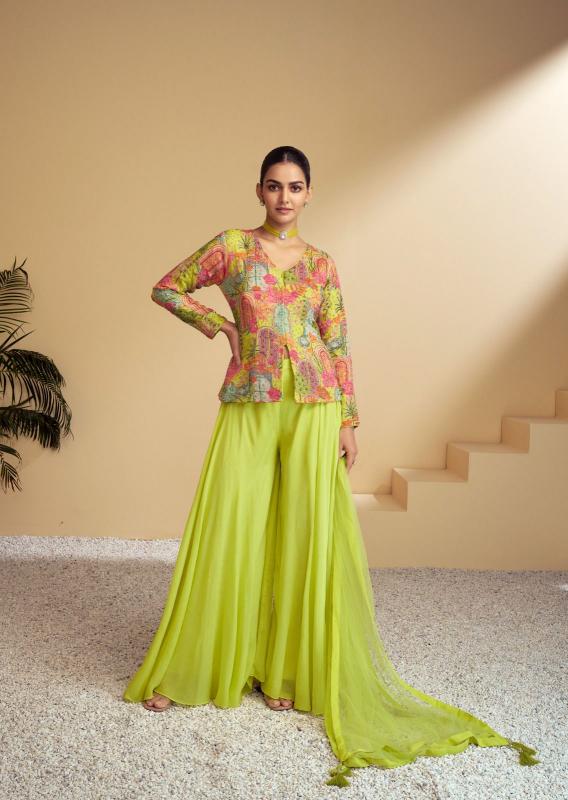 Lime Green Jacket Style Palazzo Suit Set - Graceful Indo-Western Look