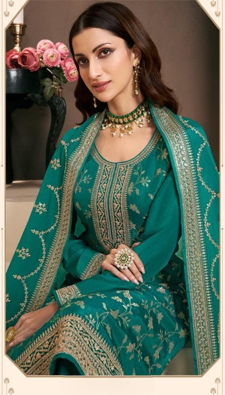 Teal Green Monga Silk Jacquard Kurta Palazzo Set