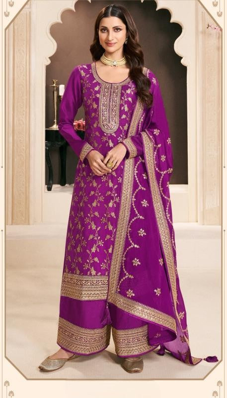 Purple Monga Silk Jacquard Kurta Palazzo Set