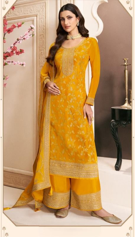 Yellow Monga Silk Jacquard Kurta Palazzo Set