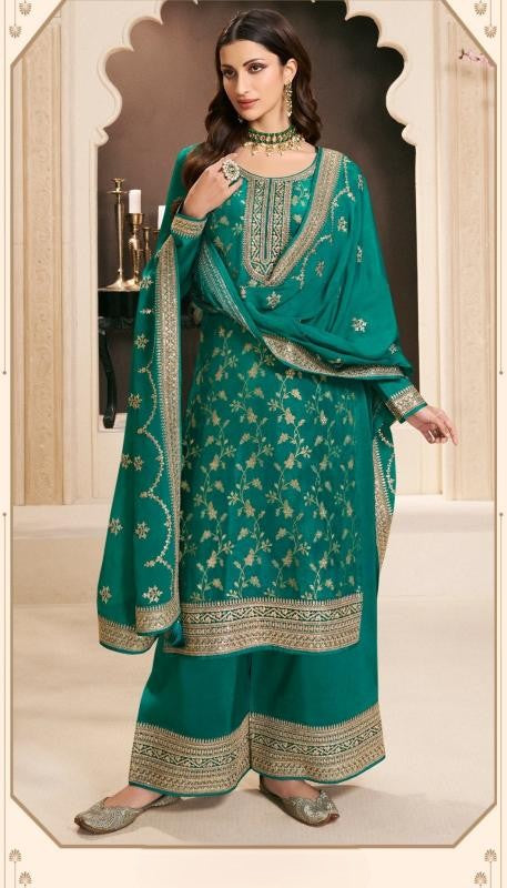 Teal Green Monga Silk Jacquard Kurta Palazzo Set