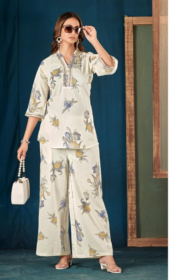 Elegant Floral Print Embroidered Pure Cotton Top With Palazzos Co-Ord Set