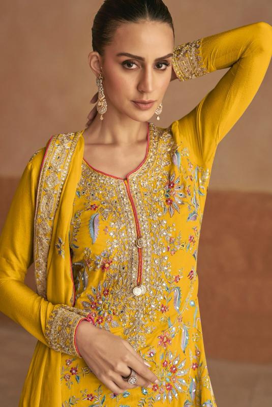 Bright Yellow Traditional thread Embroidered Kurta Palazzo Set