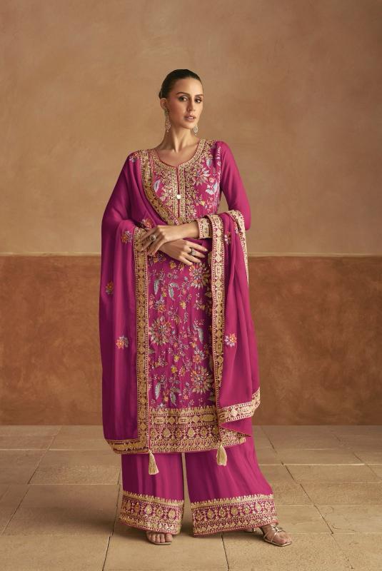 Magenta Embellished thread Embroidered Kurta Palazzo Set