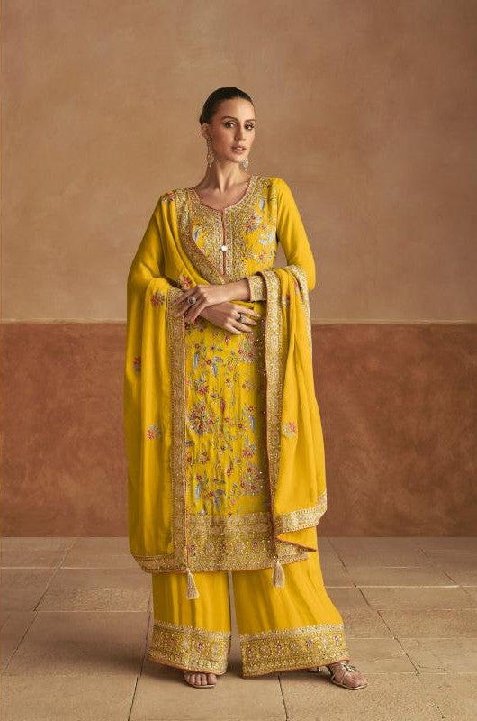 Bright Yellow Traditional thread Embroidered Kurta Palazzo Set