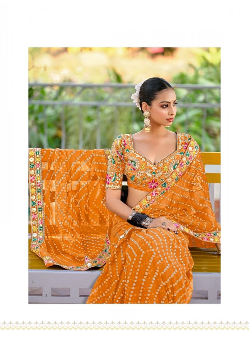 Premium Georgette Embroidered Bright Orange Saree - Festive glamour✨