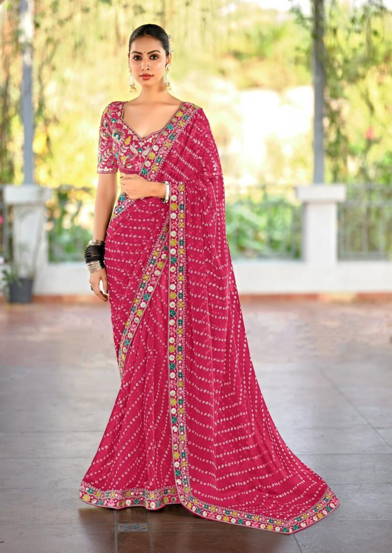Premium Georgette Embroidered Pink Saree - Festive glamour✨