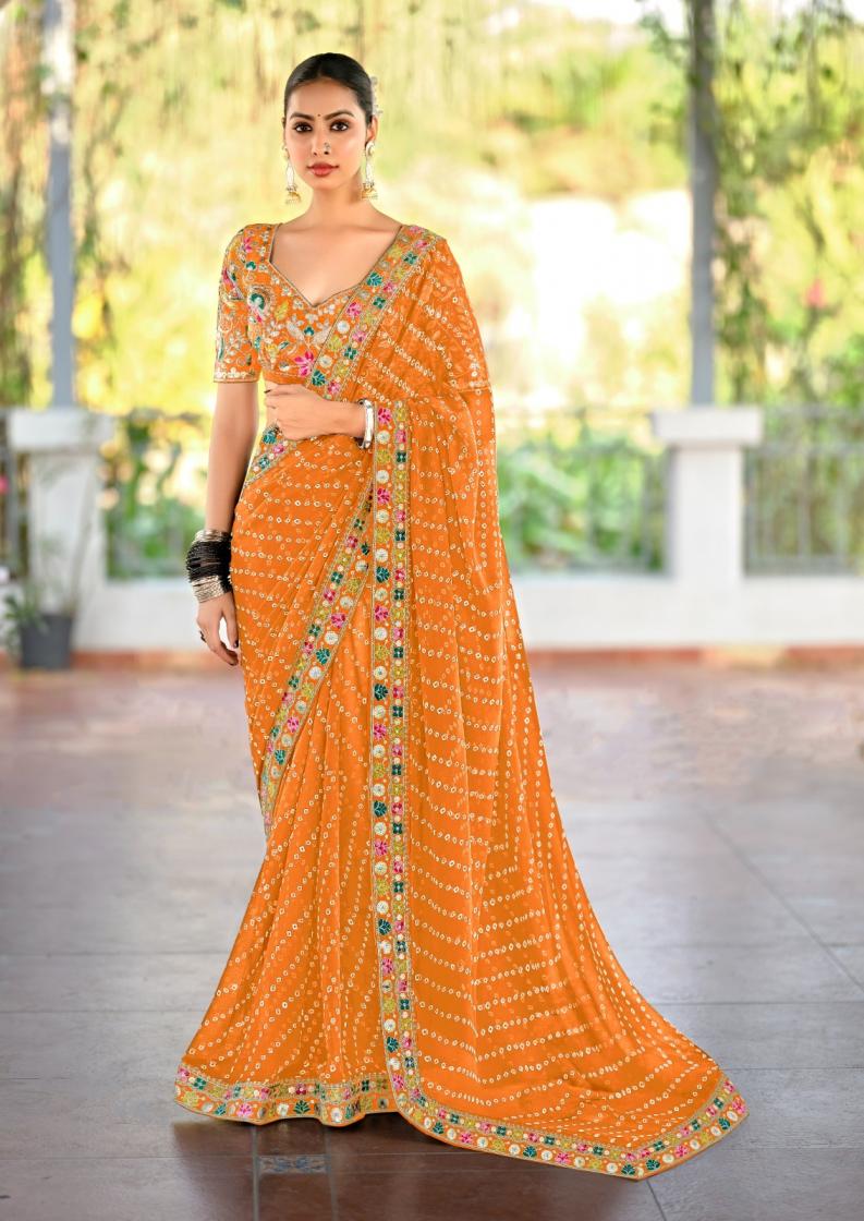 Premium Georgette Embroidered Bright Orange Saree - Festive glamour✨