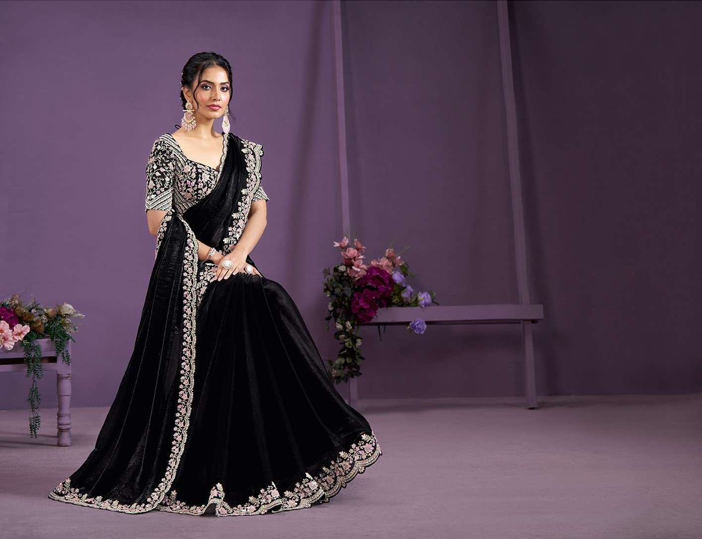 Black & Blush Pink Designer Embroidered Silk Saree