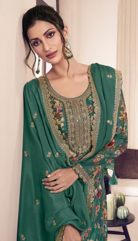 Emerald Green Floral Chinon Exclusive Plus Size Designer Embroidered Suit Sets!