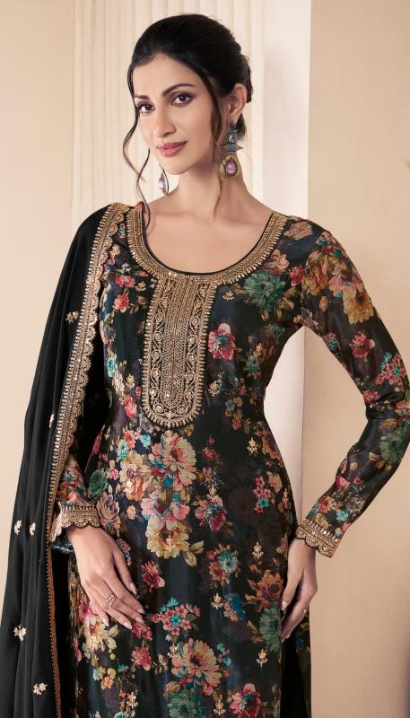 Midnight Black Floral Chinon Exclusive Plus Size Designer Embroidered Suit Sets!
