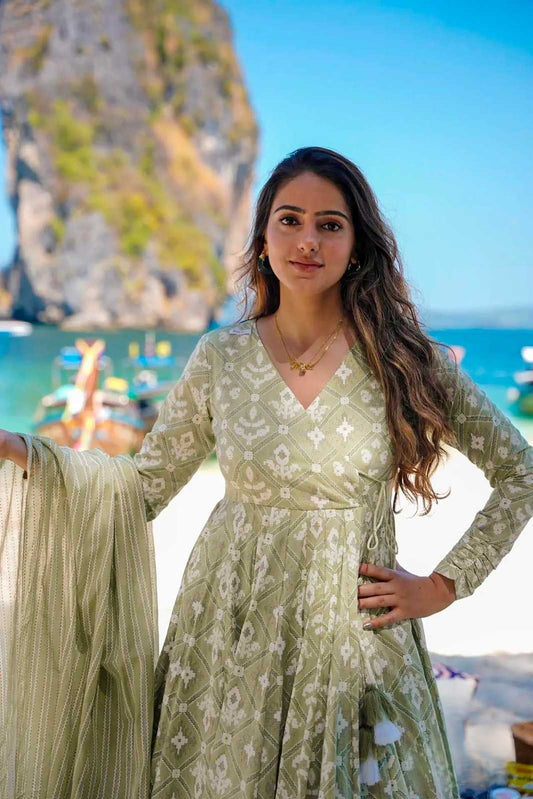 Olive Green with Ethnic Motif Printed Kurti set!