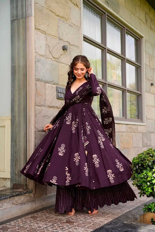 Wine Purple Floral Printed Anghrakha Kurti set!
