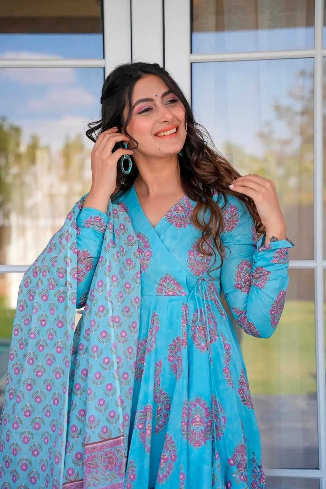 Sky Blue with Pink Printed Kurti set!
