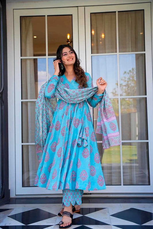Sky Blue with Pink Printed Kurti set!